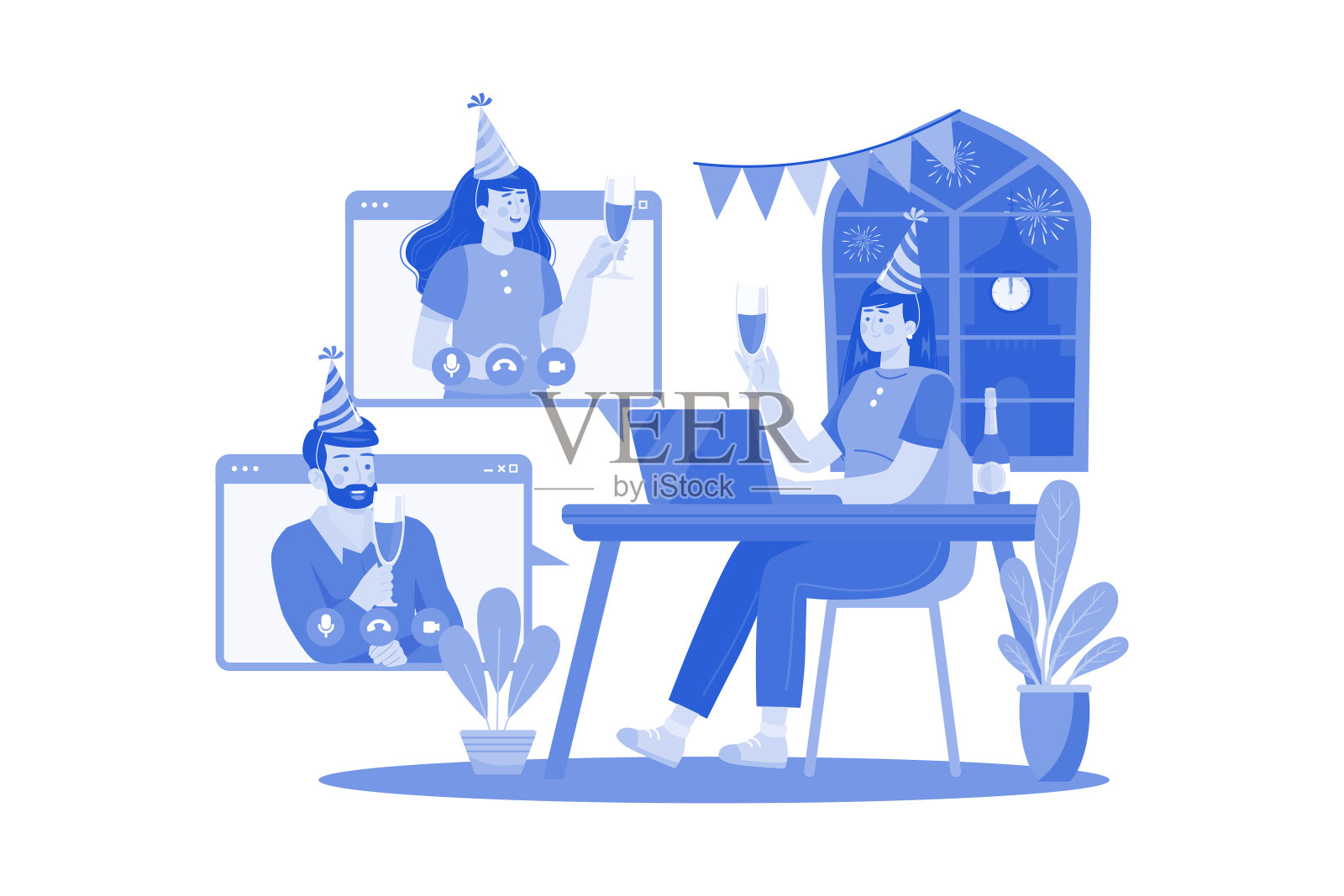 一群朋友通过视频电话庆祝新年插画图片素材