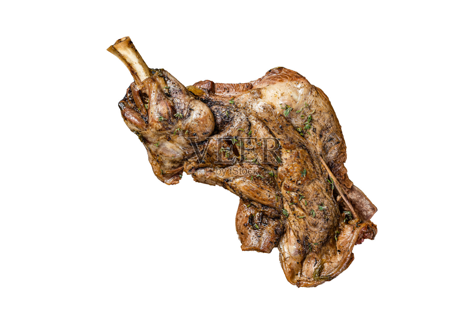 烧烤烤羊肉肩肉与香草和香料隔离，白色背景。照片摄影图片