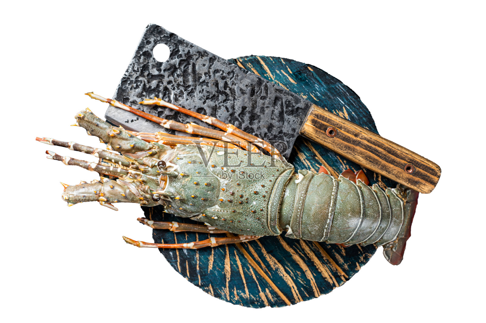 带刺的龙虾放在砧板上，生海鲜。孤立，白色背景。照片摄影图片