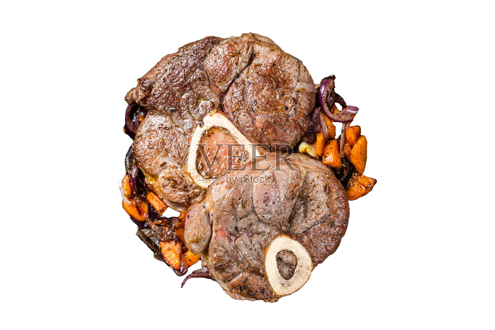 炖牛膝牛排，意大利牛膝牛排。孤立，白色背景。照片摄影图片