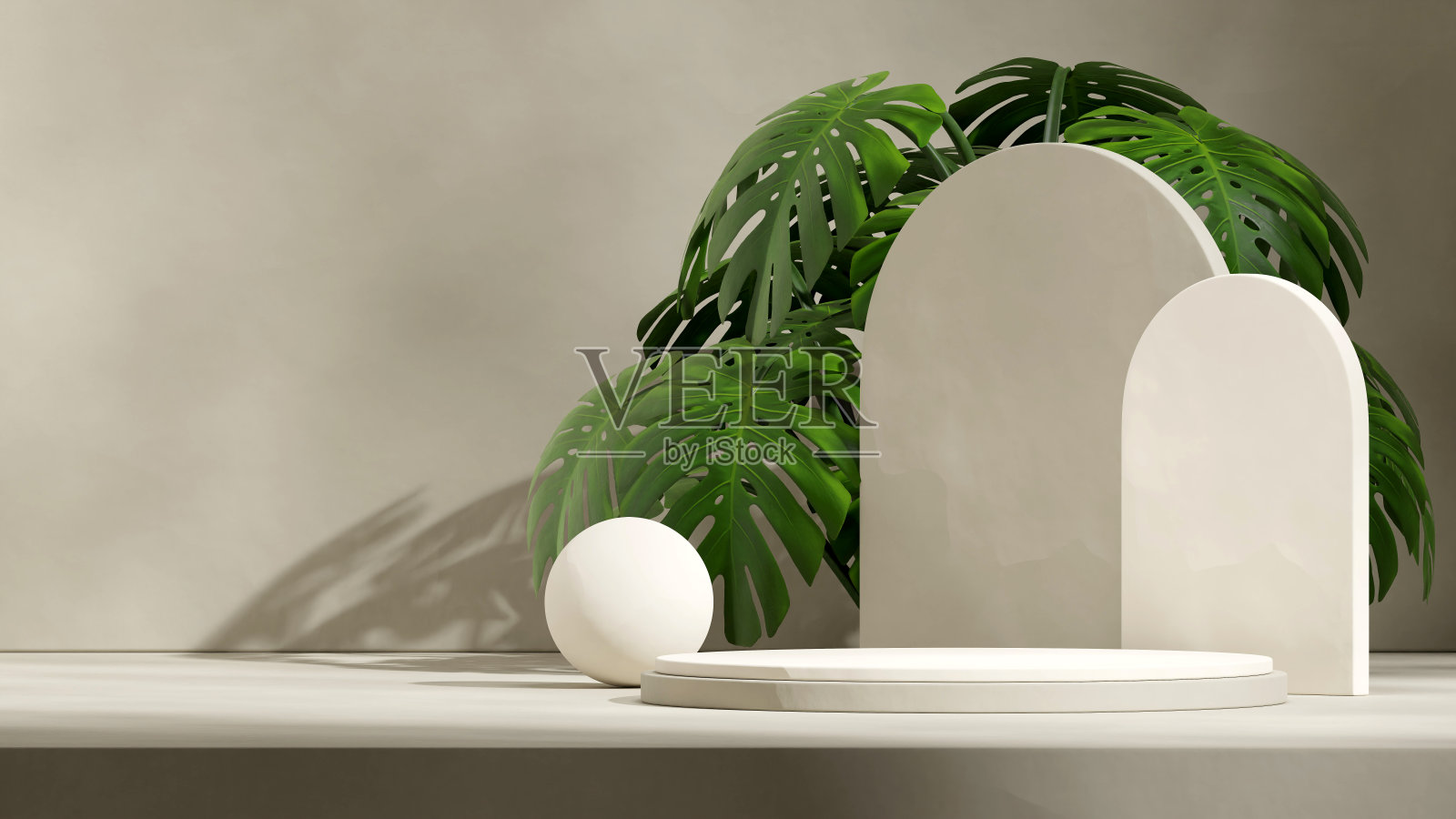 白色绿色柱体裙楼在景观拱和怪物植物，三维渲染的空白空间照片摄影图片