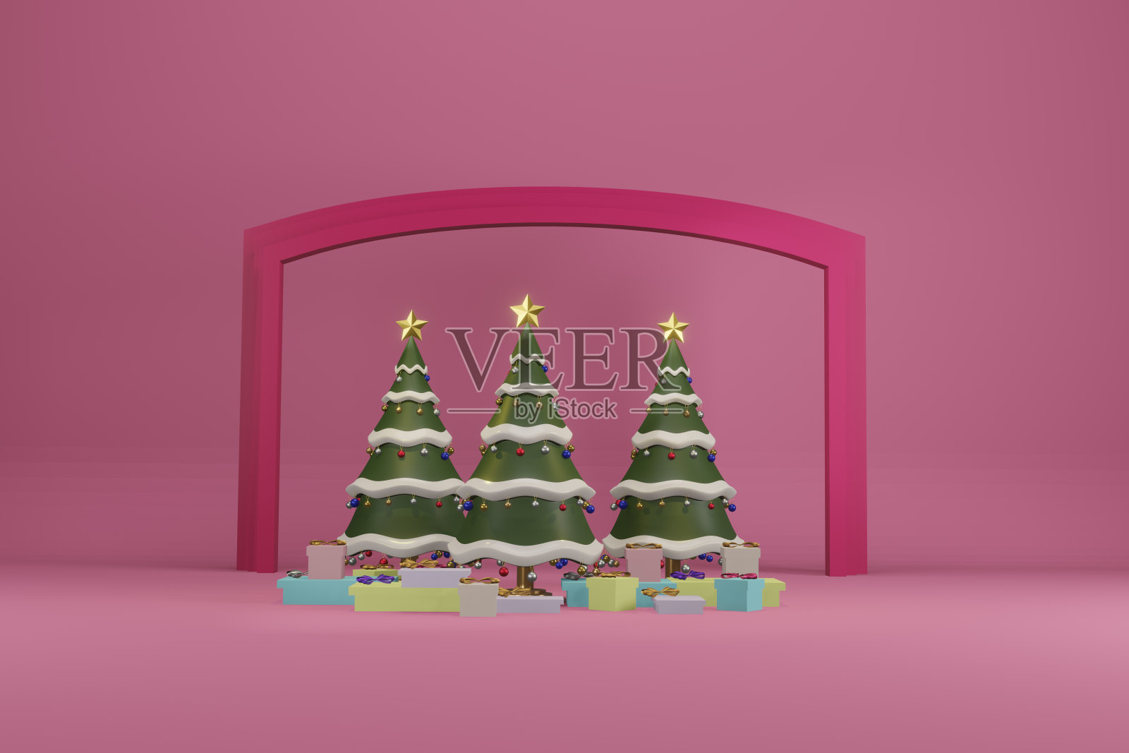 3d渲染带有装饰品的圣诞树。照片摄影图片