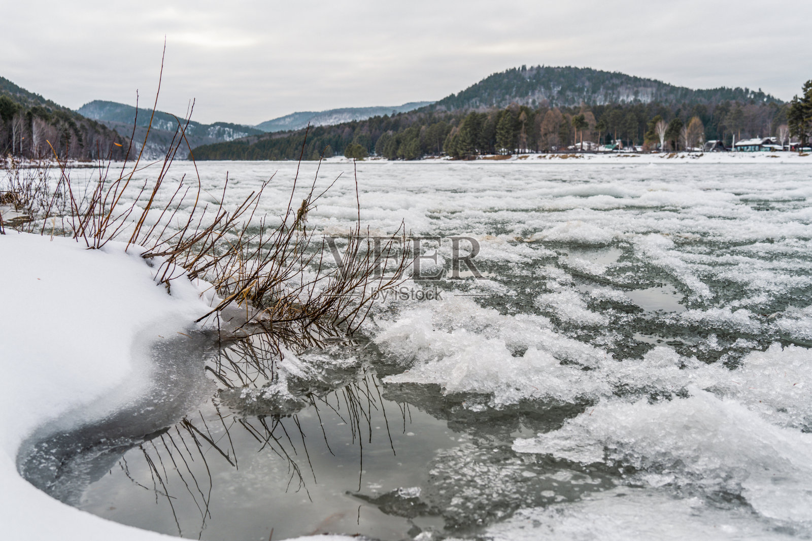 冬天流动的河流。有河流和冬季森林的冬季景观。冬天的树林里有冰雪的河流。照片摄影图片