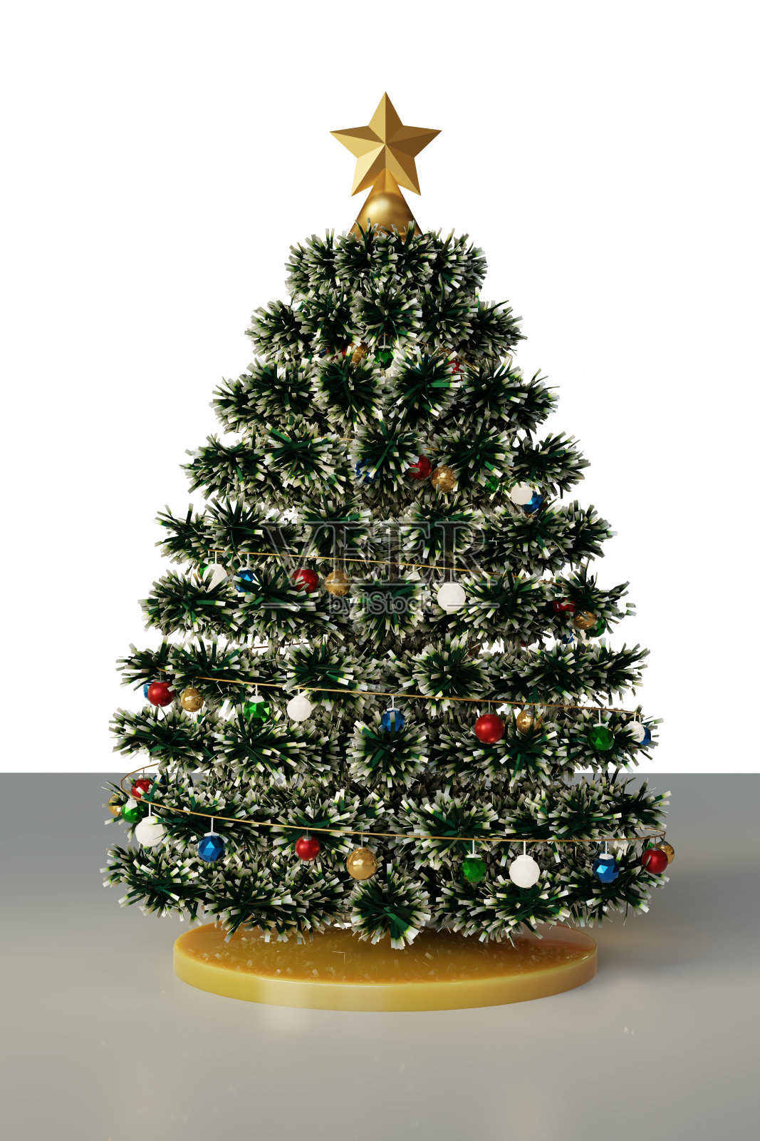 3d渲染带有装饰品的圣诞树。照片摄影图片