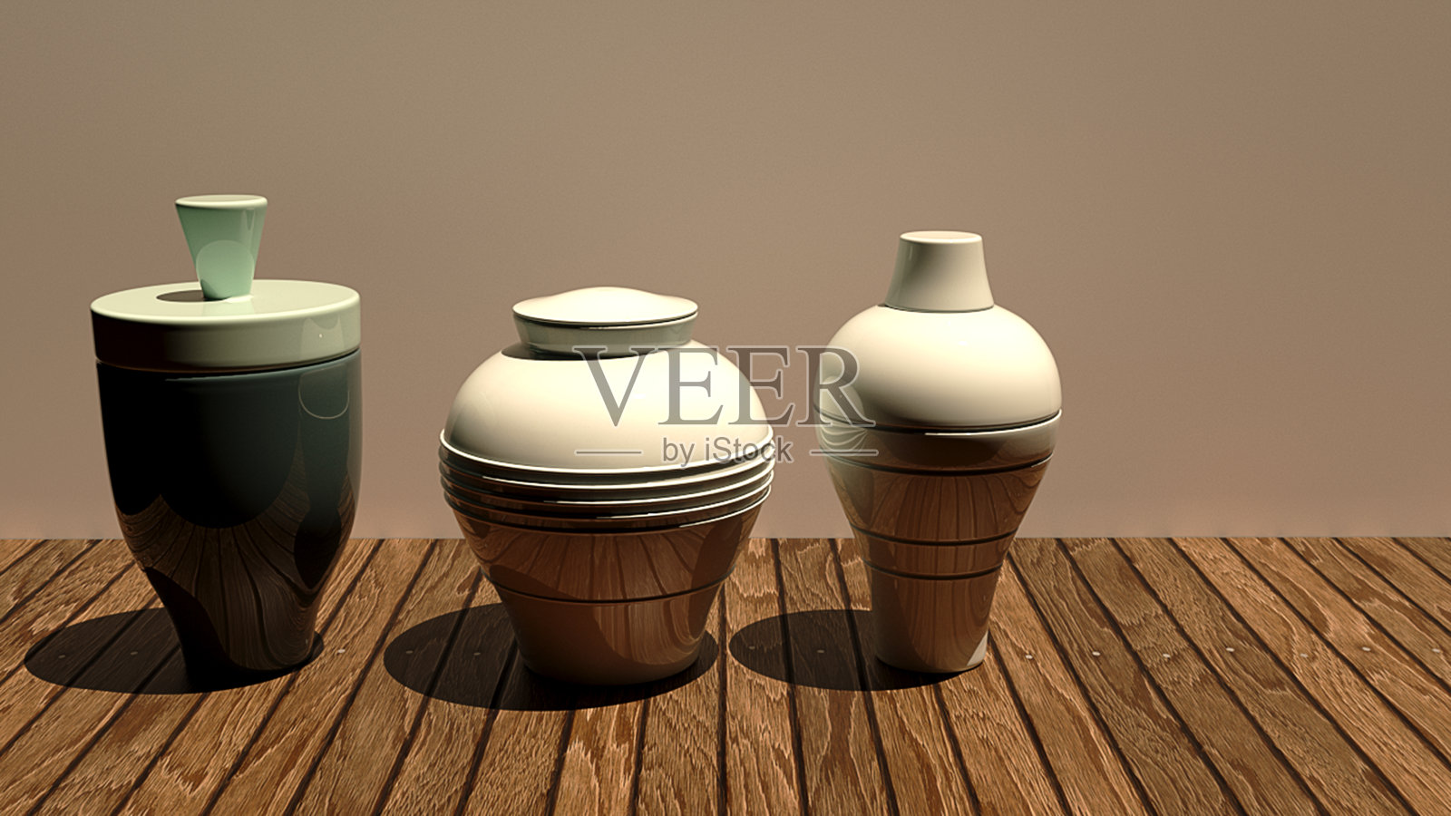 古代装饰陶瓷花瓶的形式在一个质朴的陶罐粘土，三维渲染高品质的形象。照片摄影图片