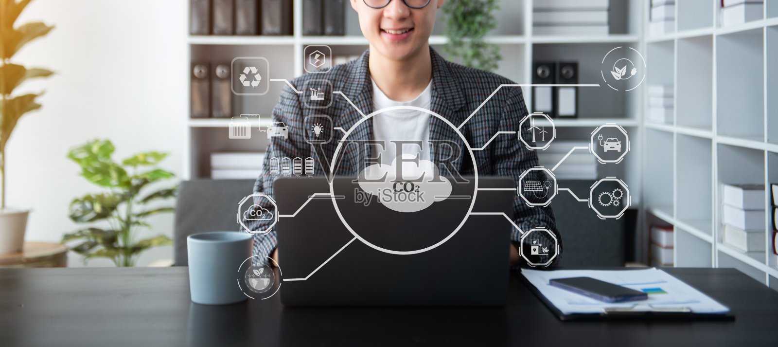 企业工作与减少二氧化碳的概念与图标，全球变暖，如植树造林绿色工厂回收和零二氧化碳排放的概念。带VR图标照片摄影图片