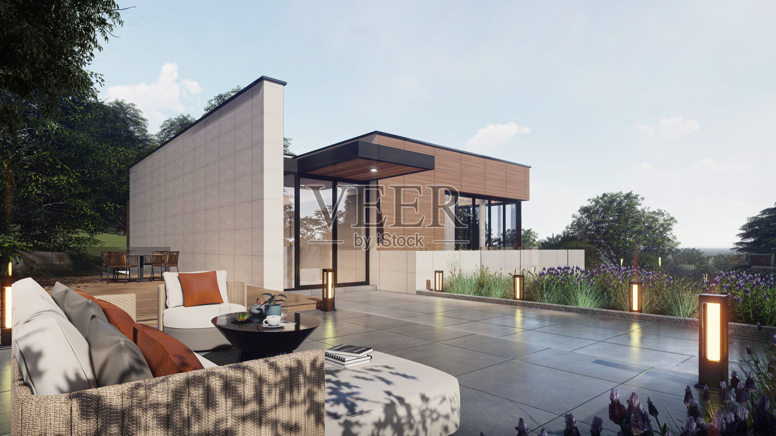 建筑三维渲染插图现代房屋与自然景观，白天照片摄影图片