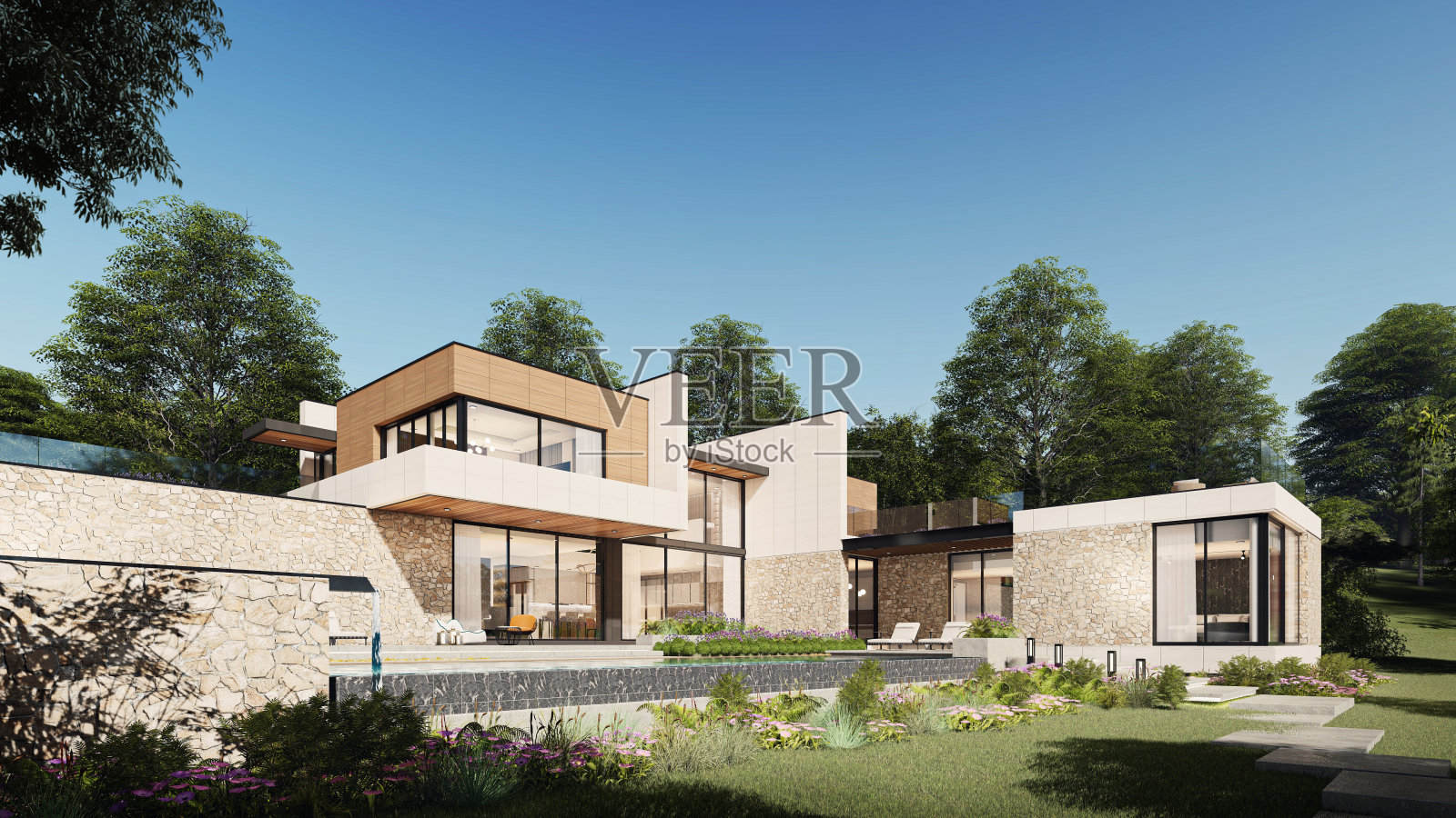 建筑三维渲染插图现代房屋与自然景观，白天照片摄影图片