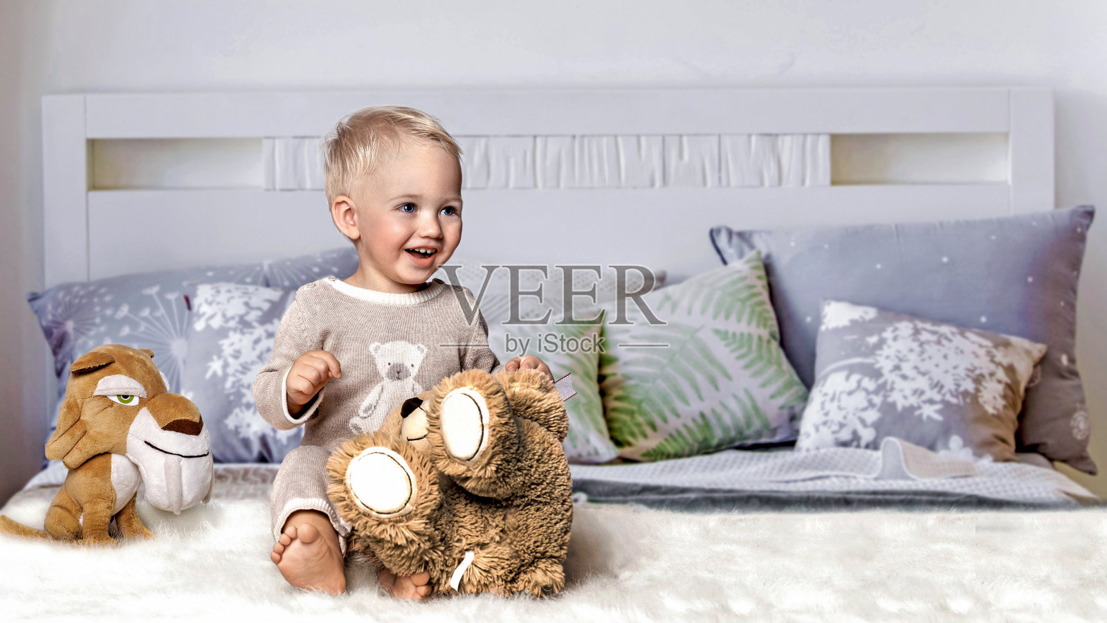 现代明亮的卧室内部与床，枕头和室内植物照片摄影图片