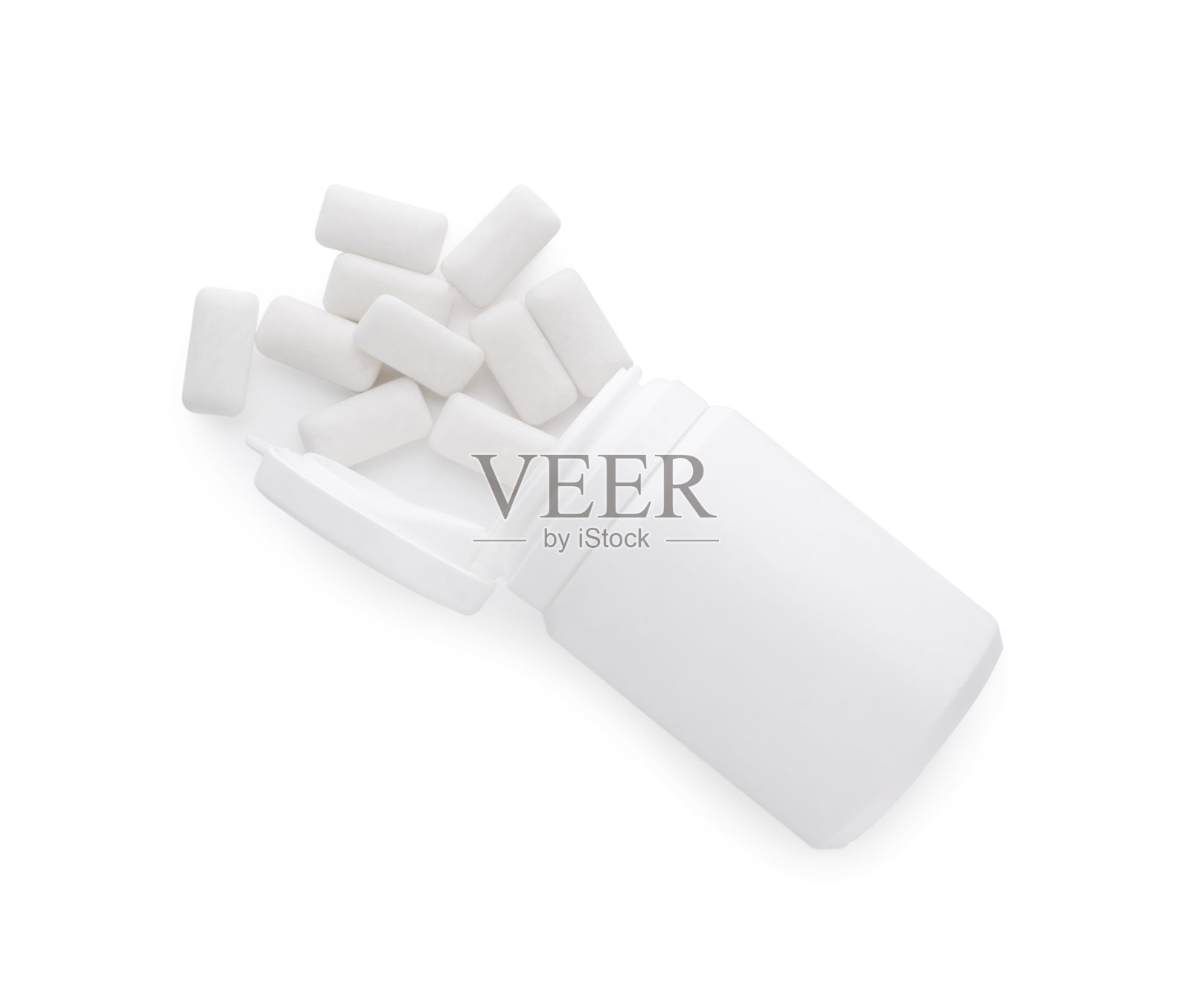 罐子和口香糖被隔离在白色，俯视图照片摄影图片