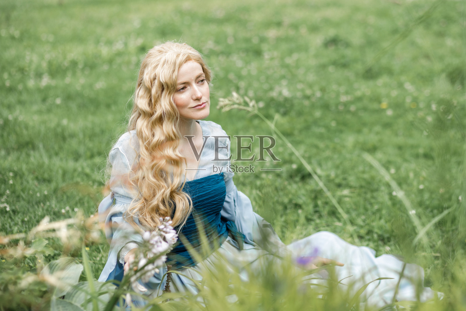 一个年轻漂亮的女孩在夏日公园里。一个美丽的中世纪精灵公主在森林里穿着蓝色的裙子。照片摄影图片