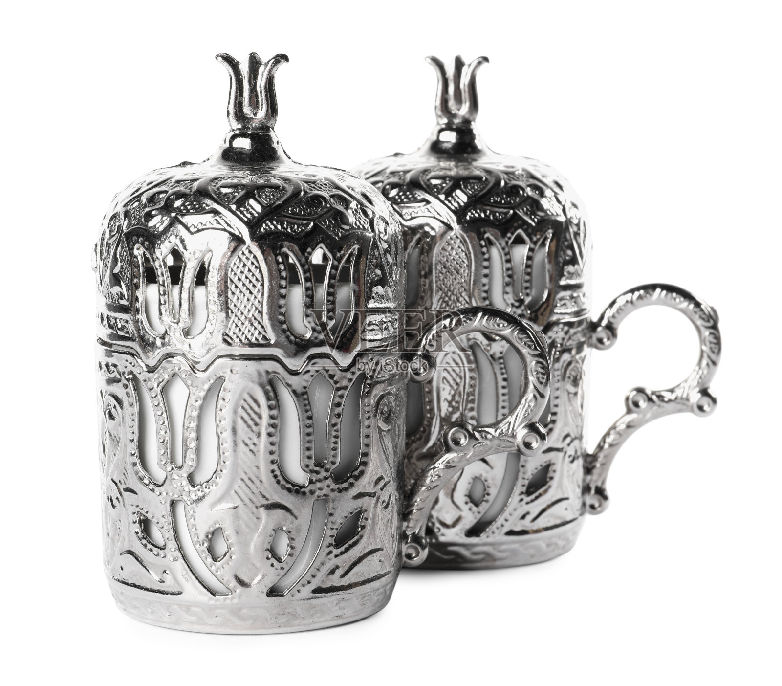 两个白色背景的漂亮复古杯托照片摄影图片