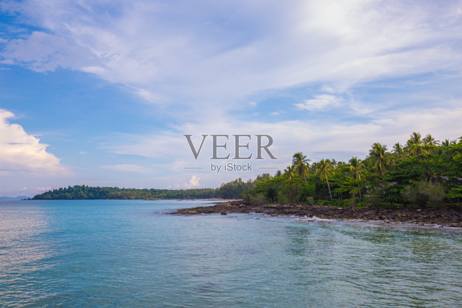 海岛海边椰子树映着蓝天白云照片摄影图片