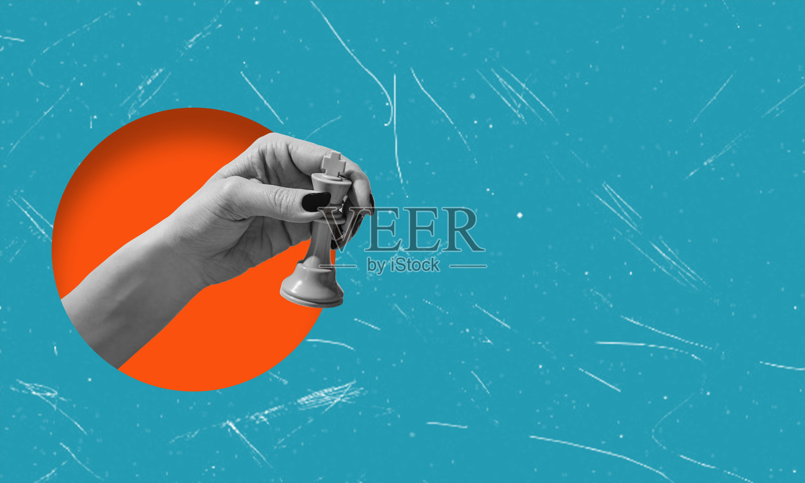 艺术拼贴画，手与棋子，国王。照片摄影图片