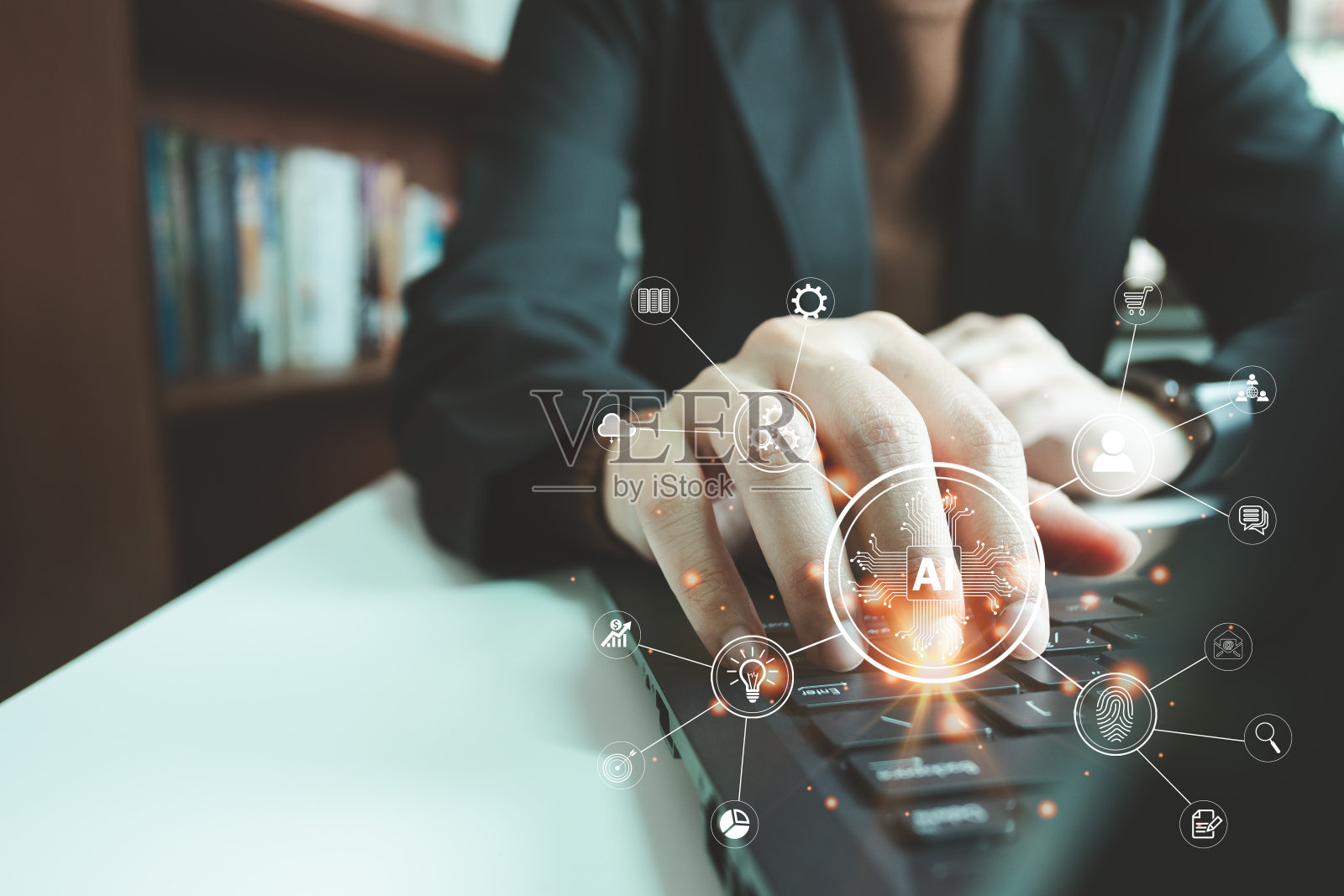 AI，人工智能，概念全球数据连接与互联网技术，使用在线交易与AI通过学习机和大数据，数据库管理，云计算照片摄影图片