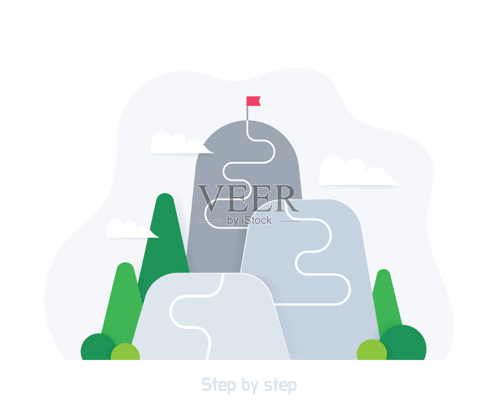 成功之路一步一步的概念。顶着红旗爬山。经营理念，目标实现，成长，成功，胜利，目标。矢量图插画图片素材