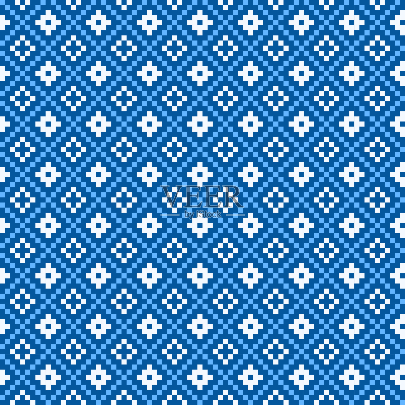 抽象像素艺术无缝织物背景几何方形图案与蓝色和白色的色调壁纸，织物，印刷和海报插画图片素材
