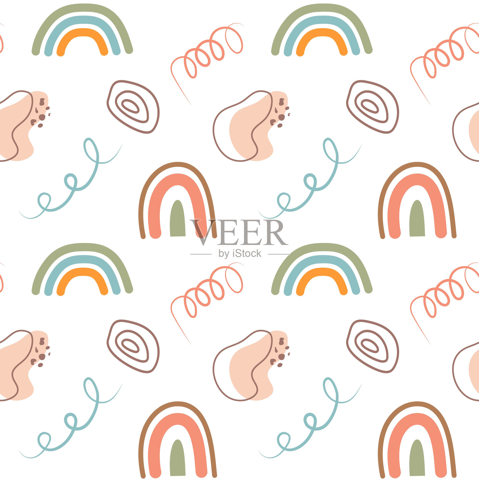 波西米亚无缝图案。可爱的斯堪的纳维亚彩虹和抽象形状的背景。插画图片素材