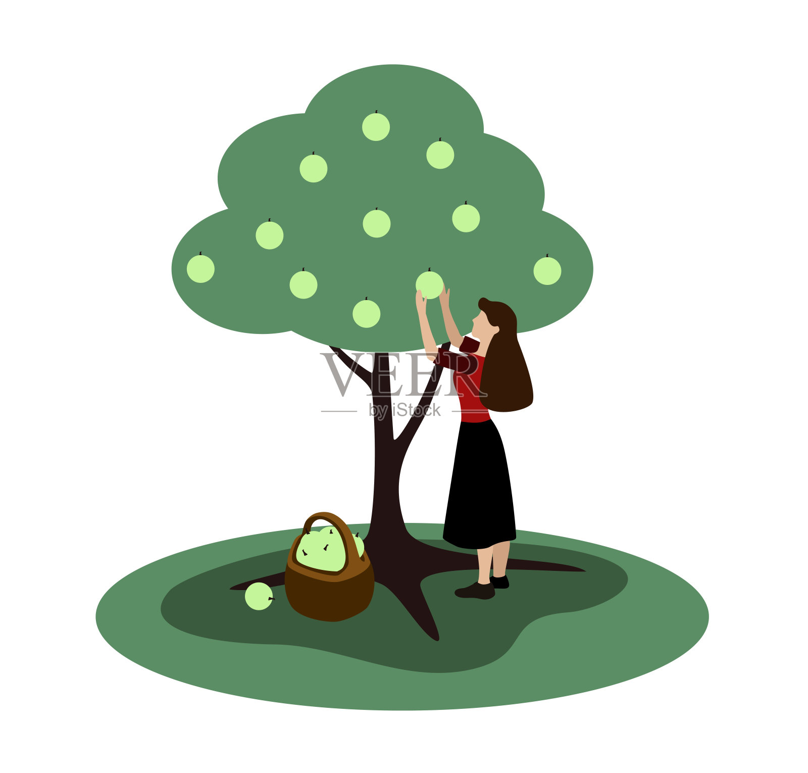 戴着园艺手套的年轻女孩用大喷壶浇灌苹果树苗，并思考着苹果树长大后摘苹果插画图片素材