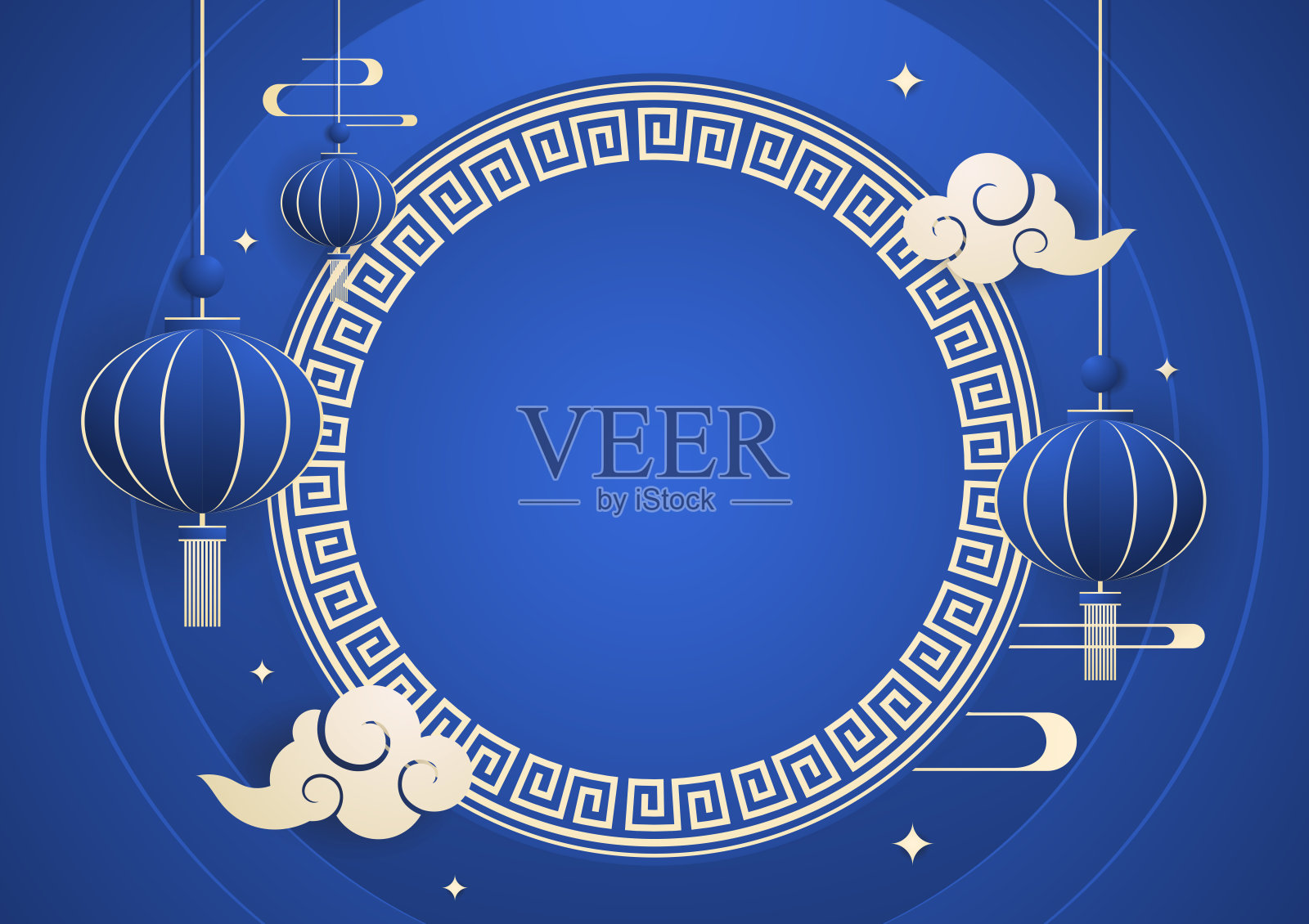 祝大家2024年春节快乐。中国新年横幅与圆圈显示产品。贺卡。蓝色背景的中国灯笼框架。插画图片素材