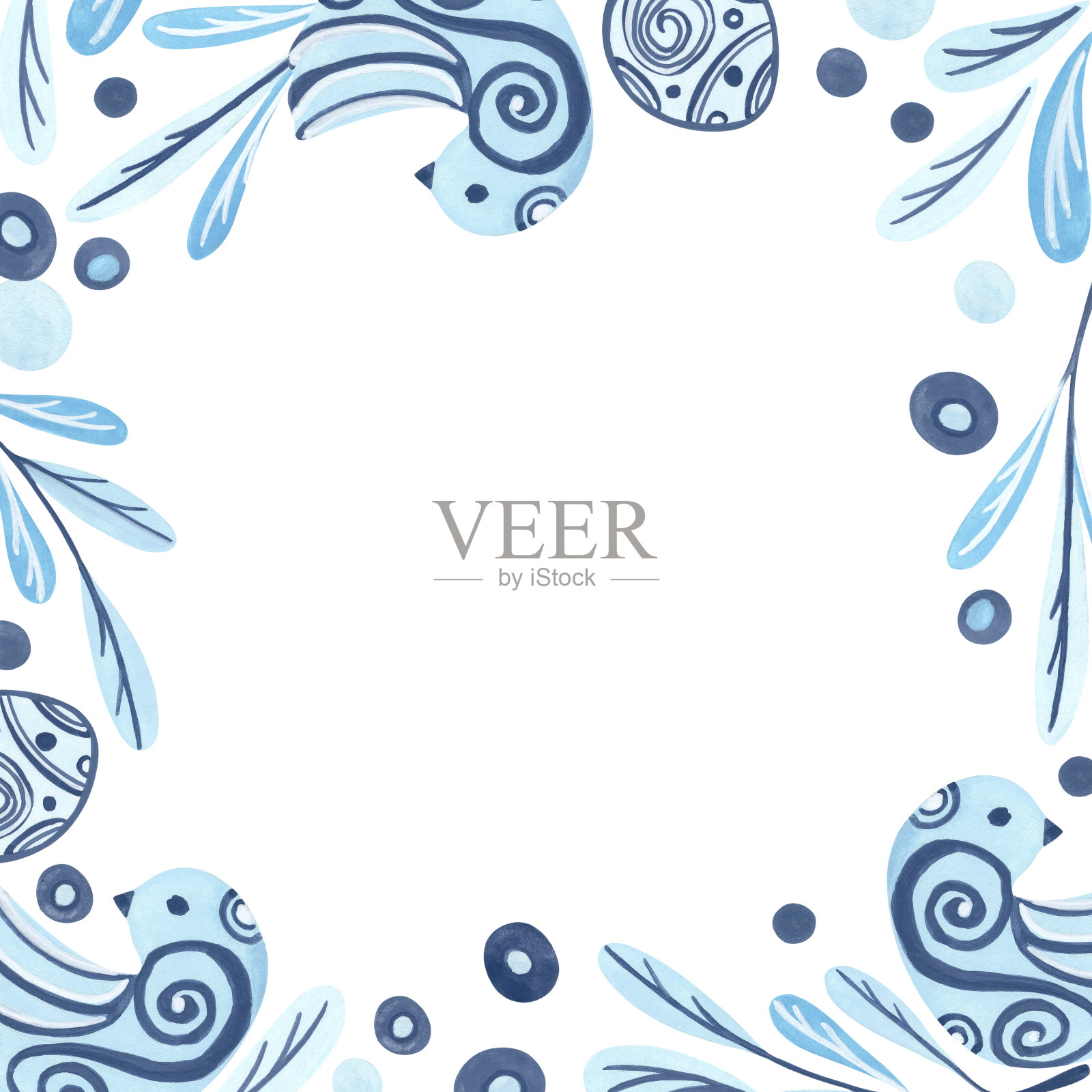 树枝上的鸟，方框插画图片素材