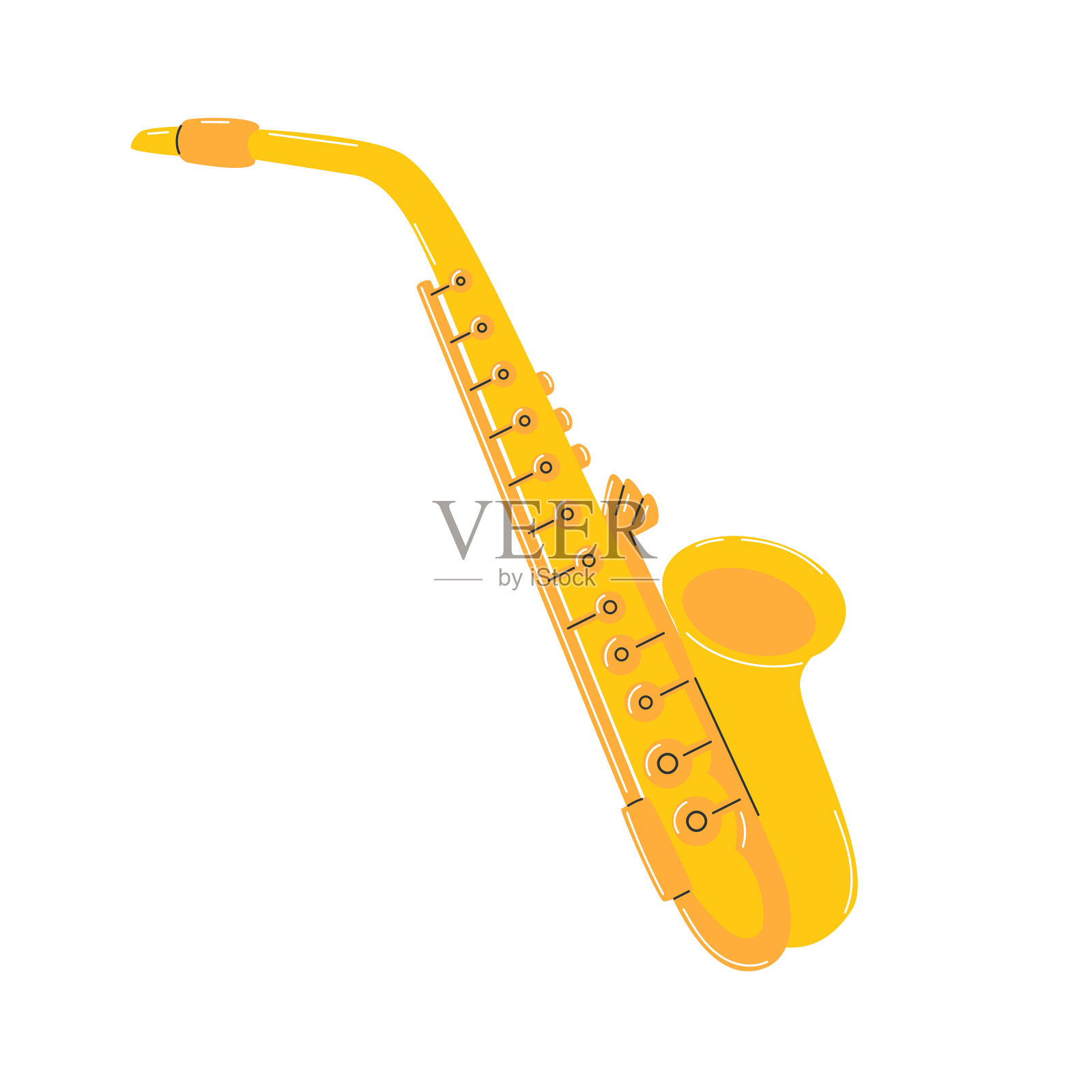 黄色的萨克斯风。管乐器。简单的手绘剪贴画。平面矢量插图孤立在一个白色的背景。插画图片素材