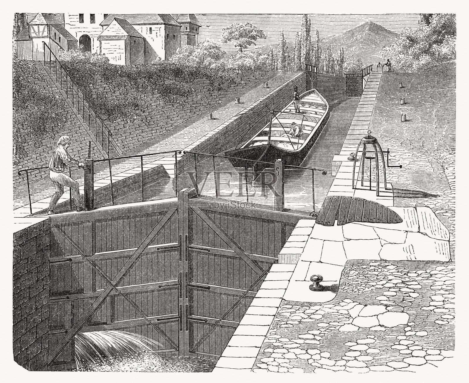 锁中的平底船，木刻，1894年出版插画图片素材