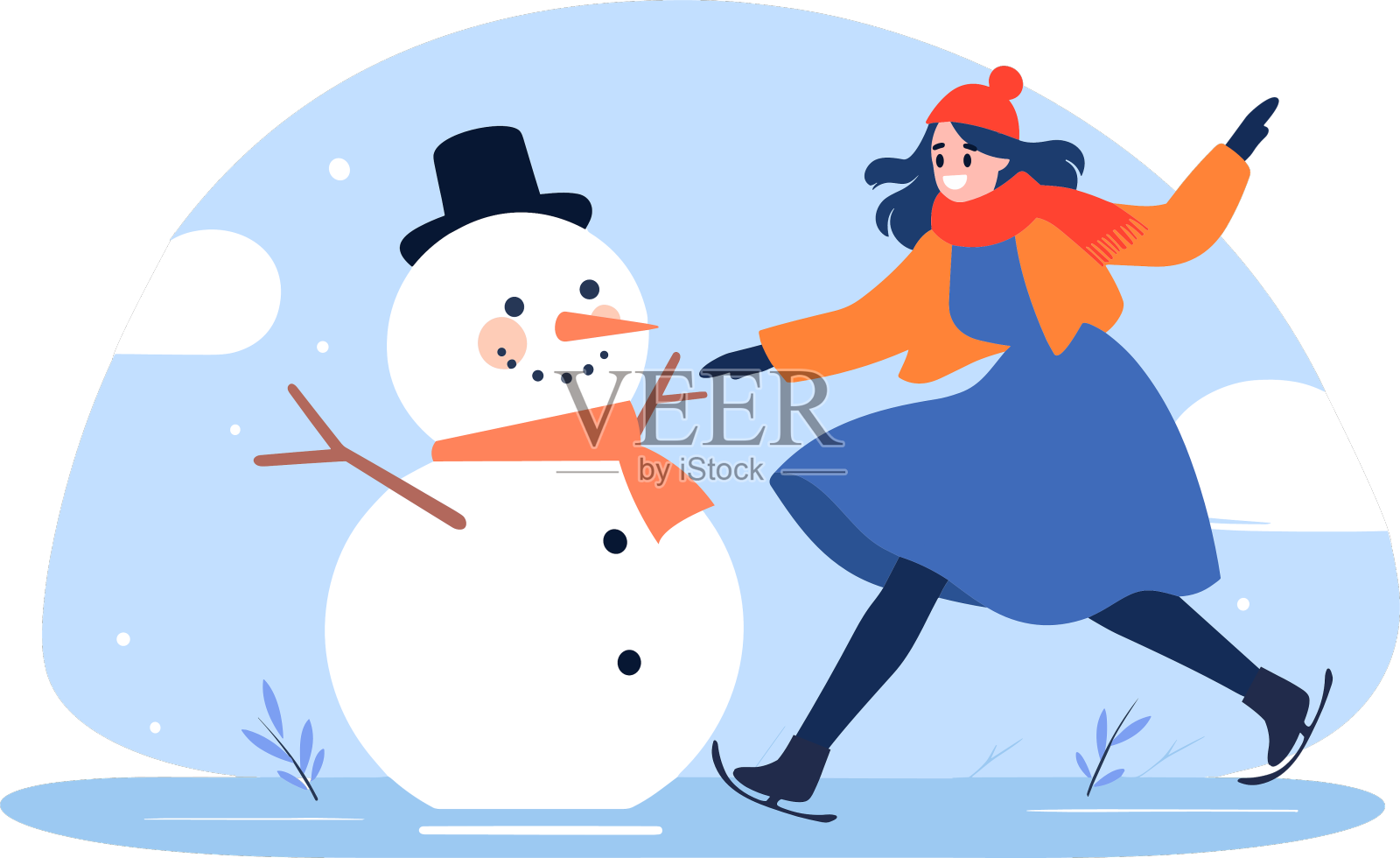 手绘的女性角色在滑冰设计元素图片