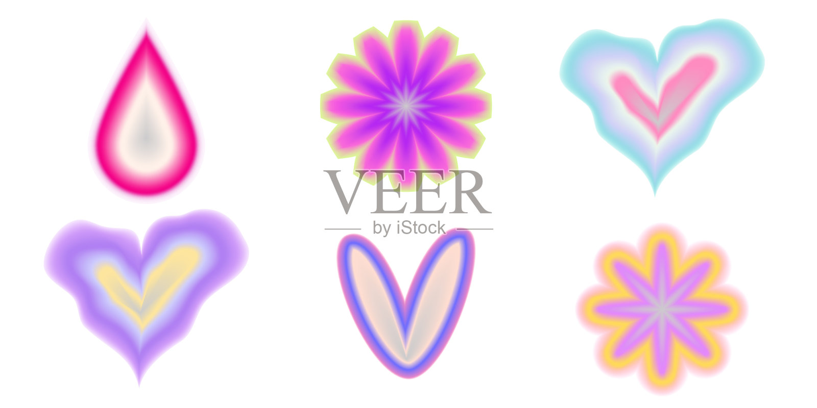 渐变Y2K模糊元素集。抽象美学的y2k形状模糊心，星和圆。梯度矢量图插画图片素材