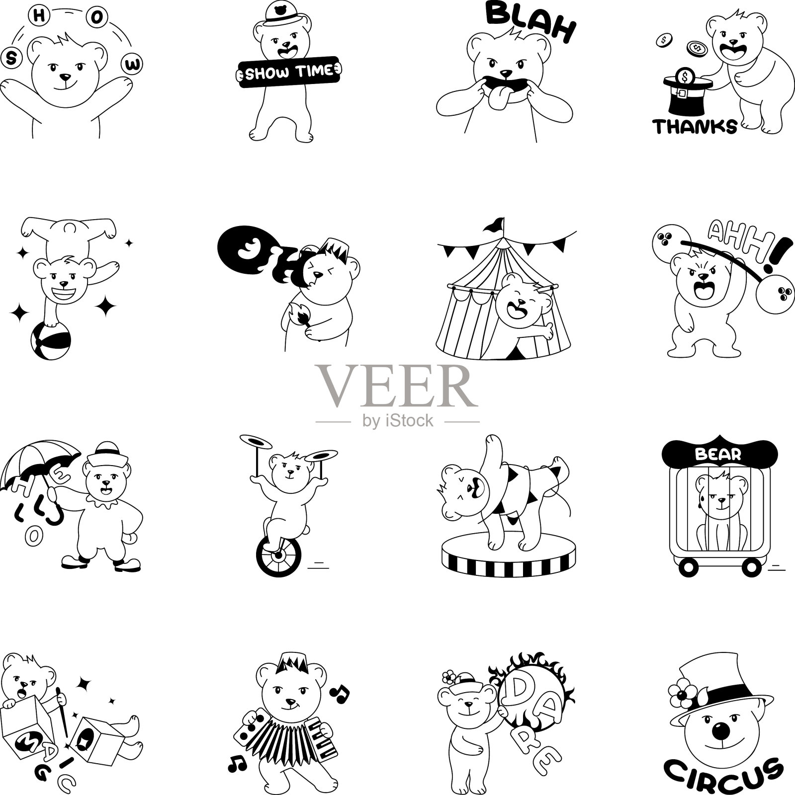 收集可爱的马戏团表演涂鸦贴纸插画图片素材