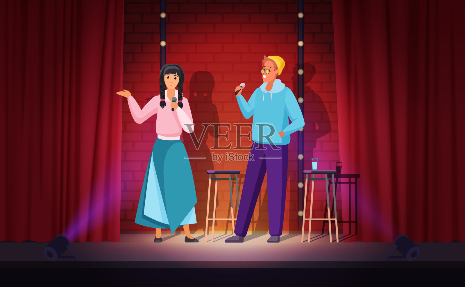 一对喜剧演员在电视上现场表演喜剧插画图片素材