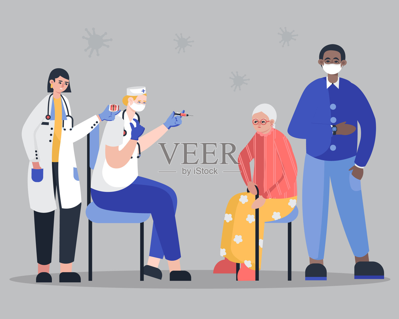 一位老妇人坐在护士旁边等待接种疫苗插画图片素材