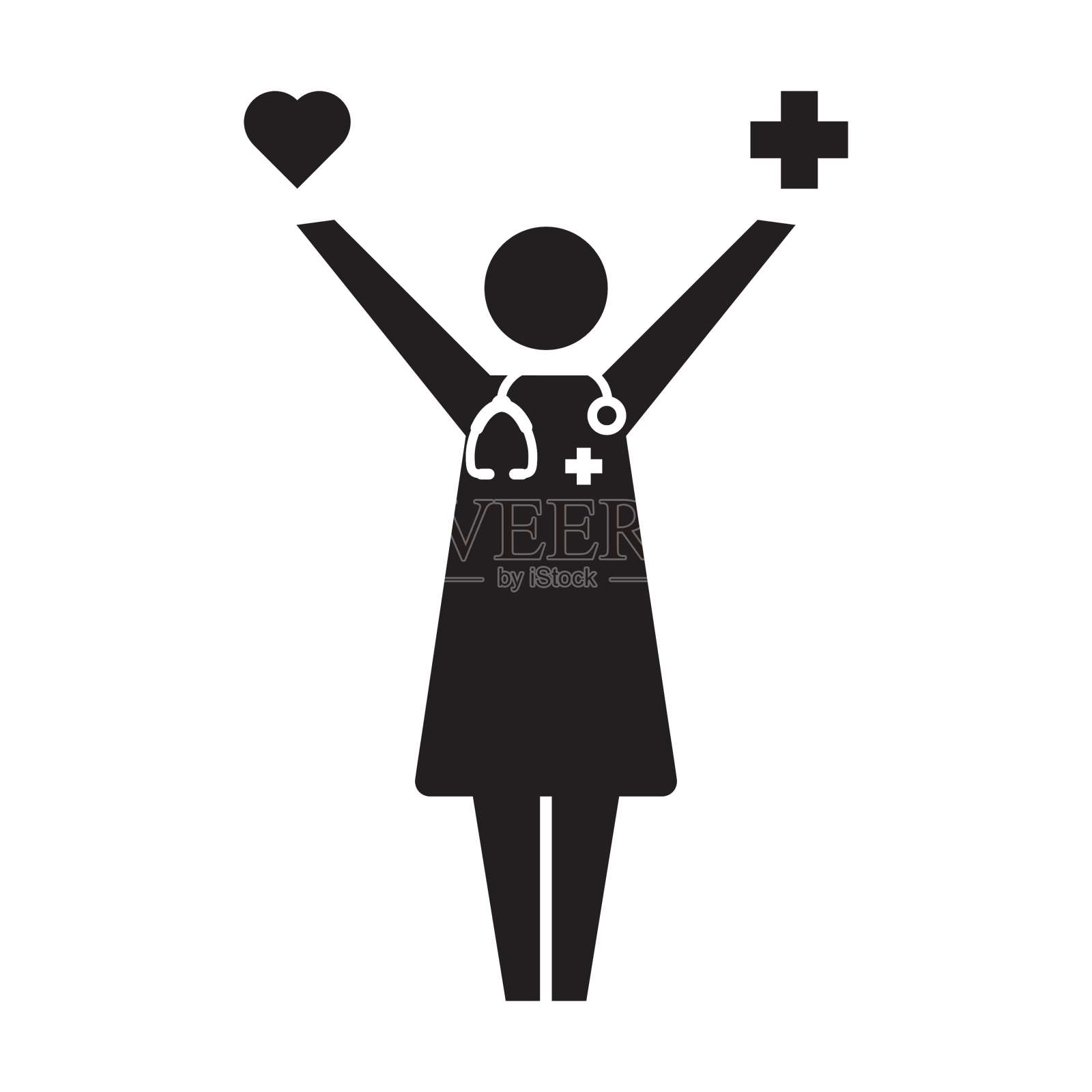 医生图标女性象形图与心脏符号设计元素图片