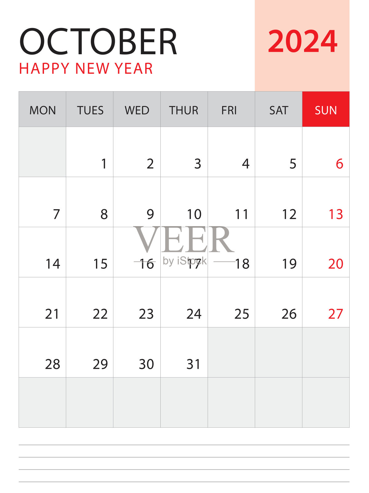 十月2024-日历2024模板矢量红色背景，周开始于周一，台历2024年，墙上日历设计，企业规划师模板，文具，组织者日记，矢量插画图片素材