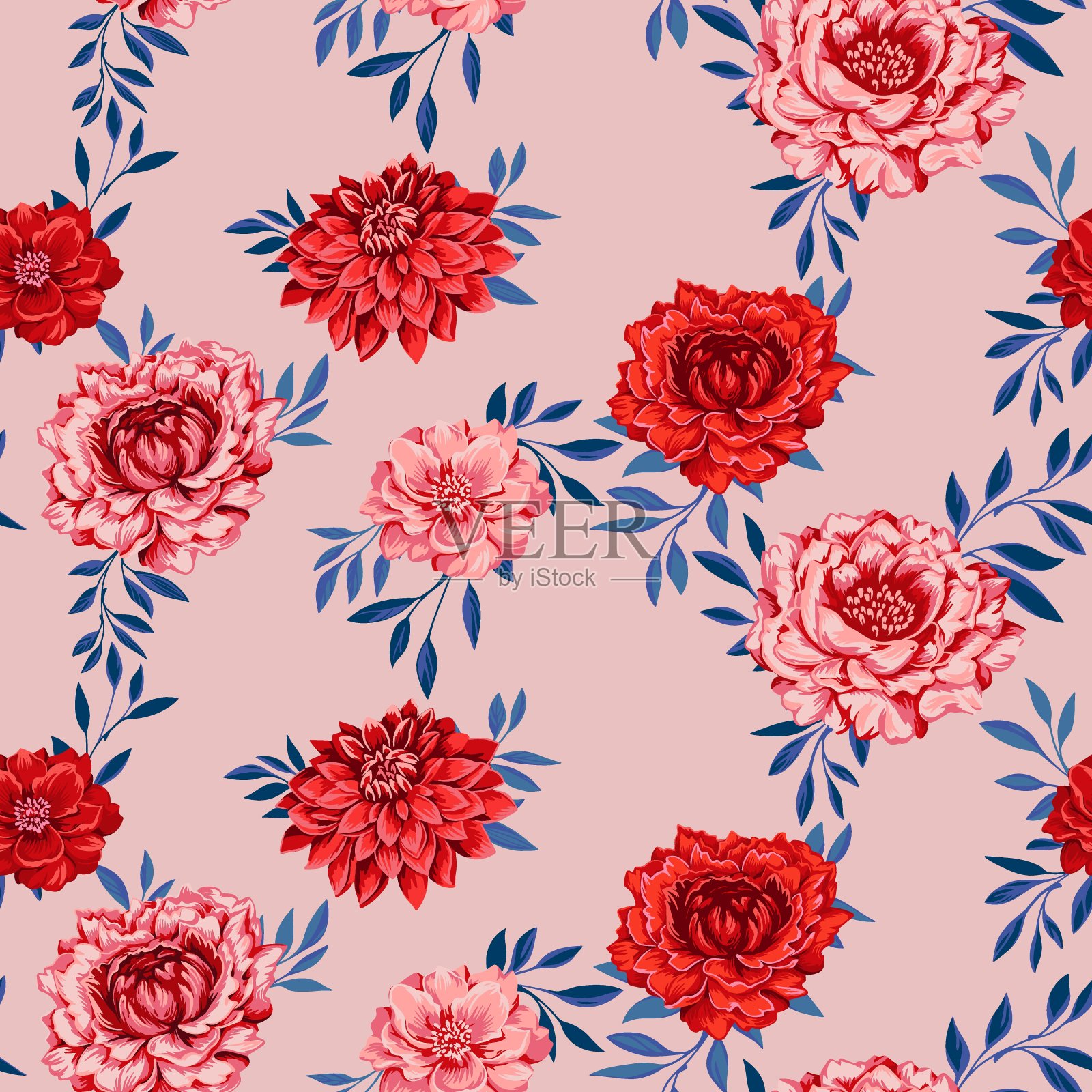 无缝图案与盛开，美丽的花朵和叶子。矢量手绘花卉。米色背景上的红色牡丹和叶子。插画图片素材