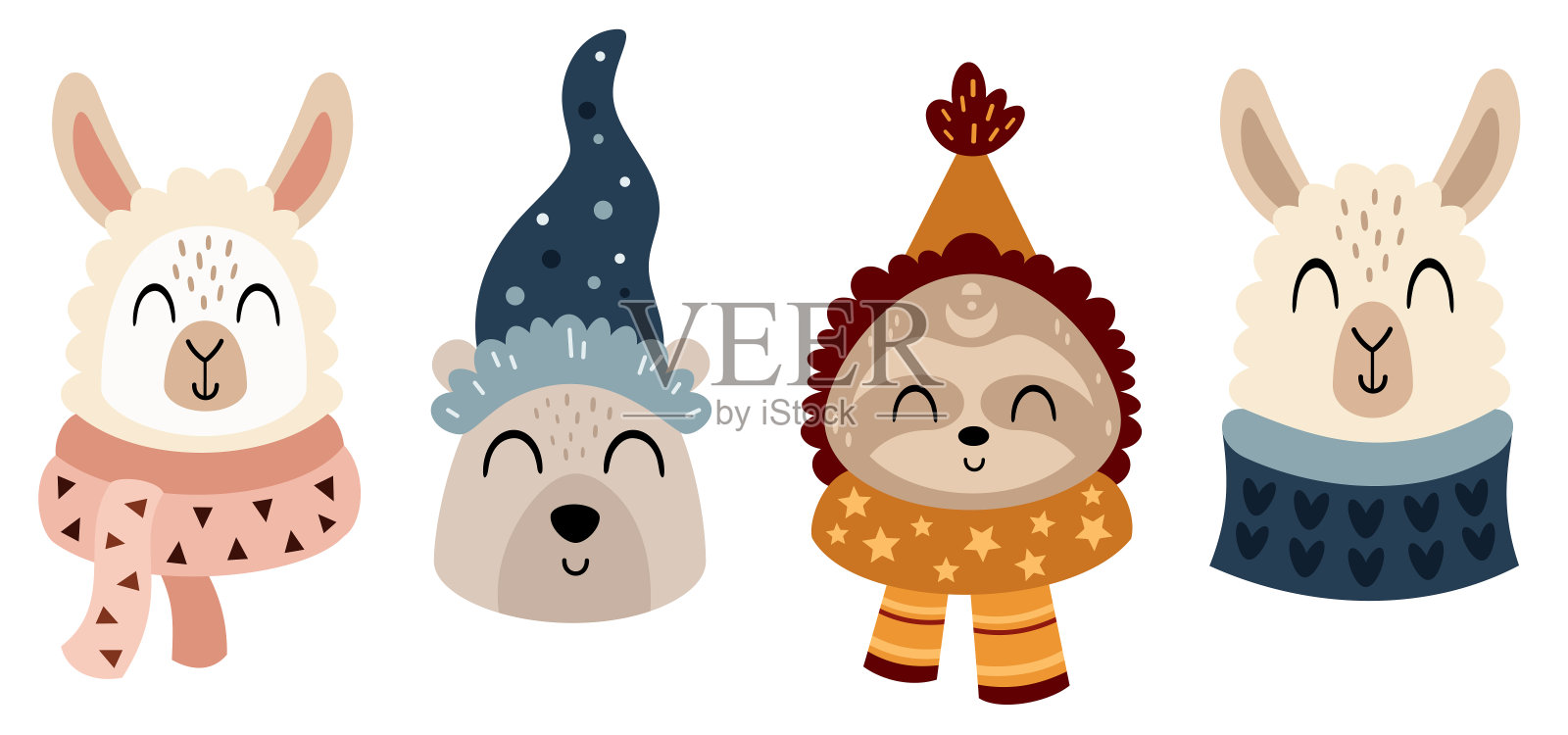 冬季动物面孔剪贴画与可爱的熊，树懒和骆驼在卡通平面风格。矢量图插画图片素材