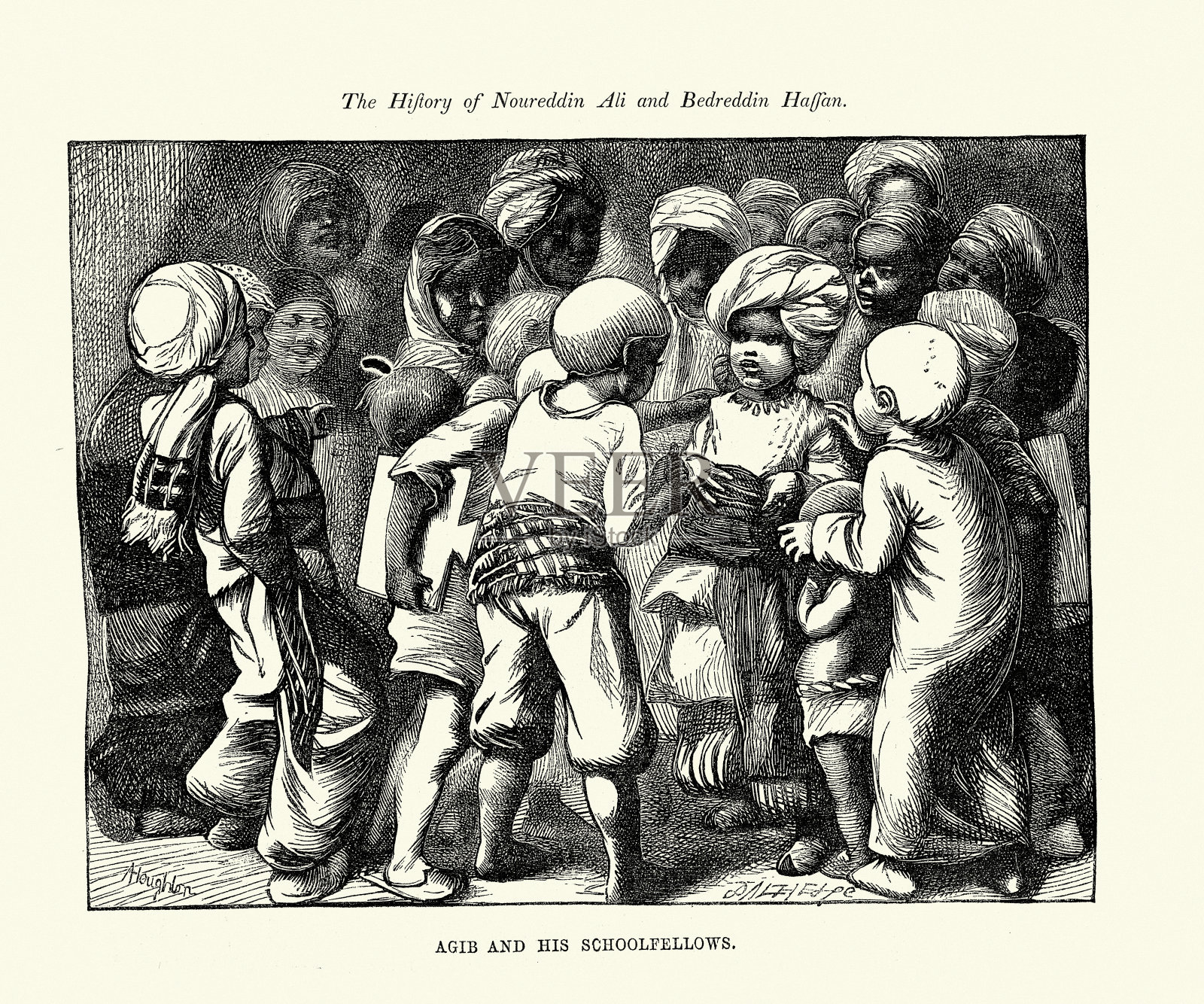 一千零一夜，阿吉布和他的同学，阿拉伯，中东的民间故事插画图片素材