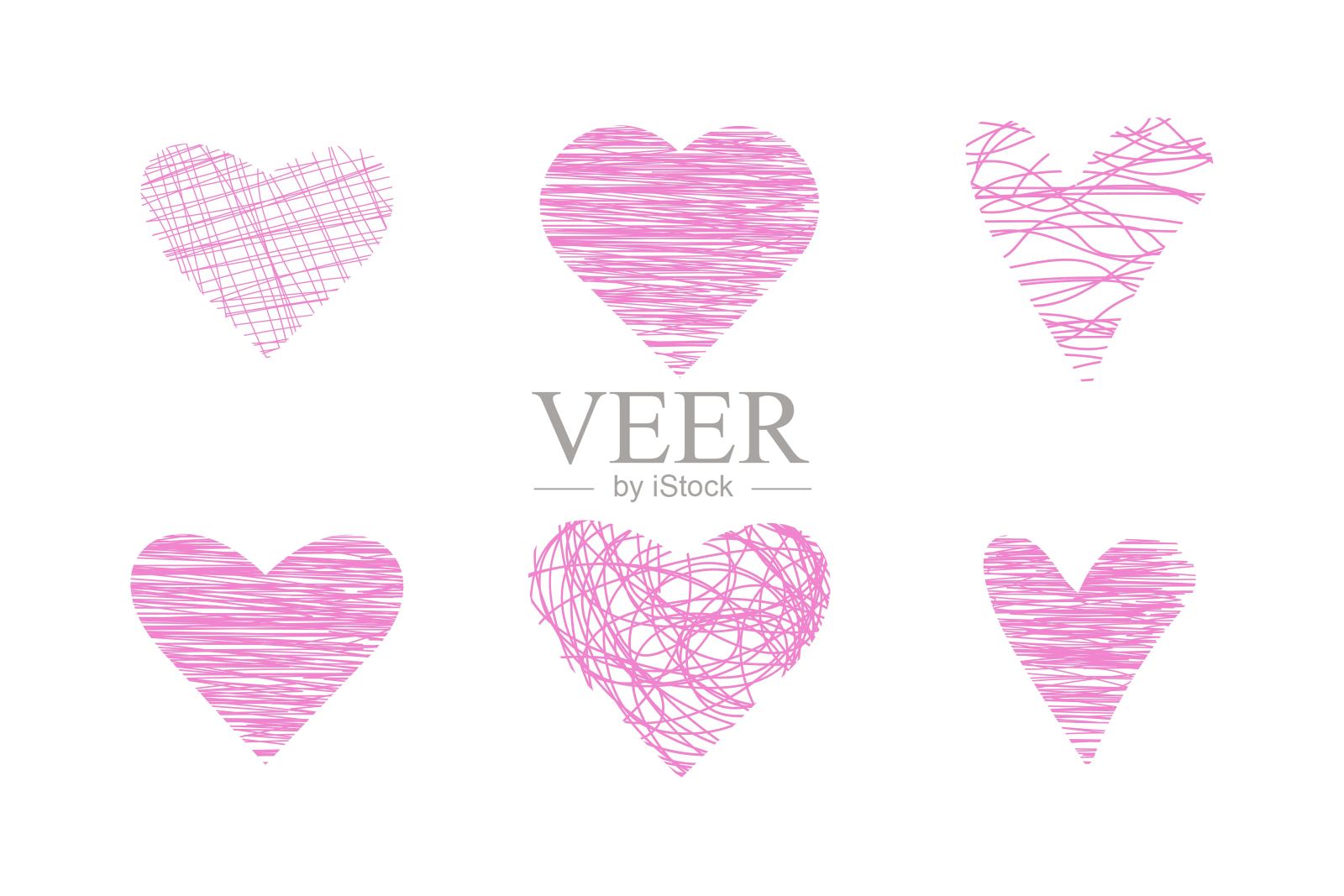 一套六个粉红色的心不同的形状，画与不同的纹理隔离在白色的背景。用于装饰，请柬，卡片，印刷品。向量。插画图片素材