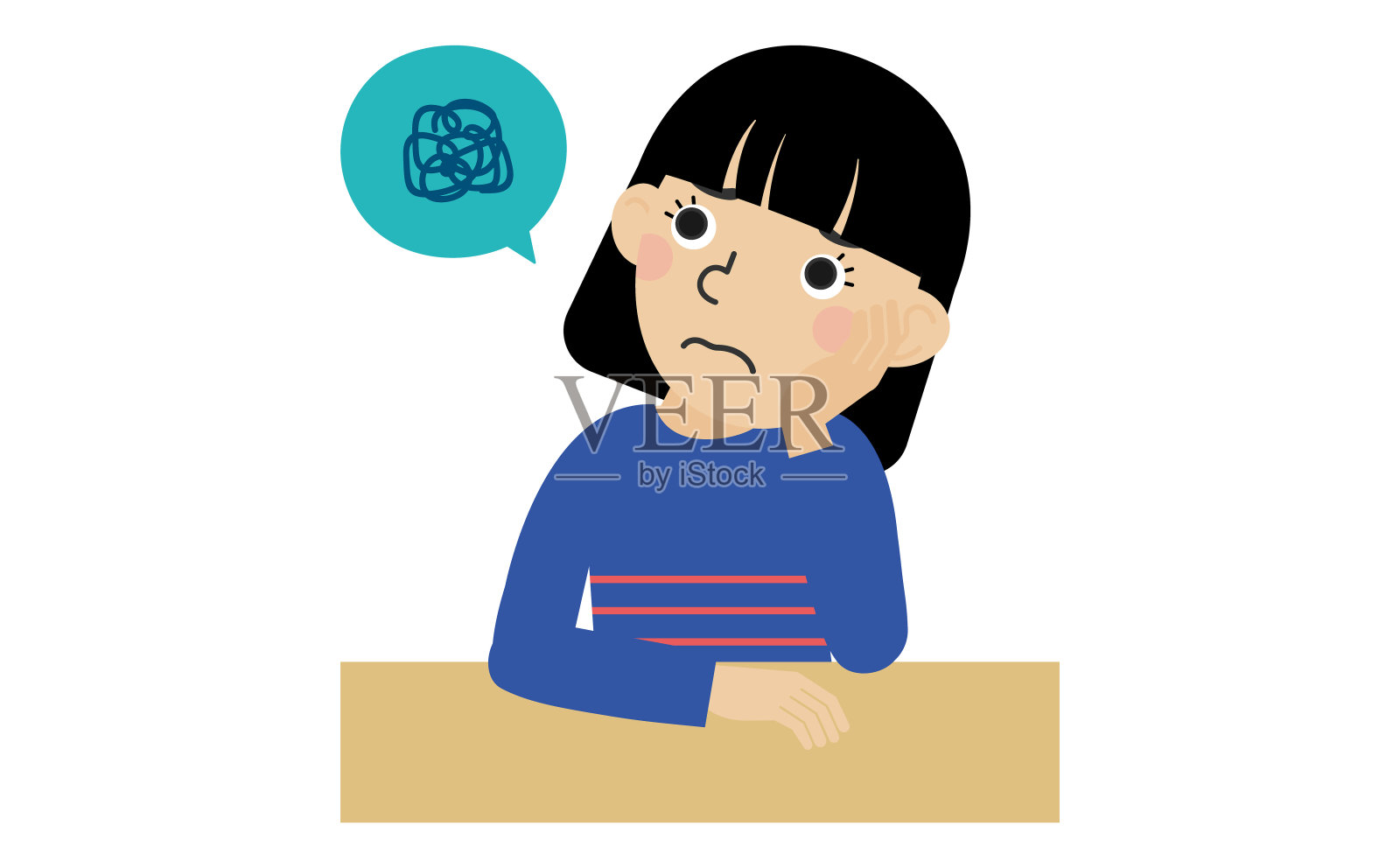 一位穿着长袖衣服的黑发日本妇女在她的办公桌前遇到了麻烦。插画图片素材