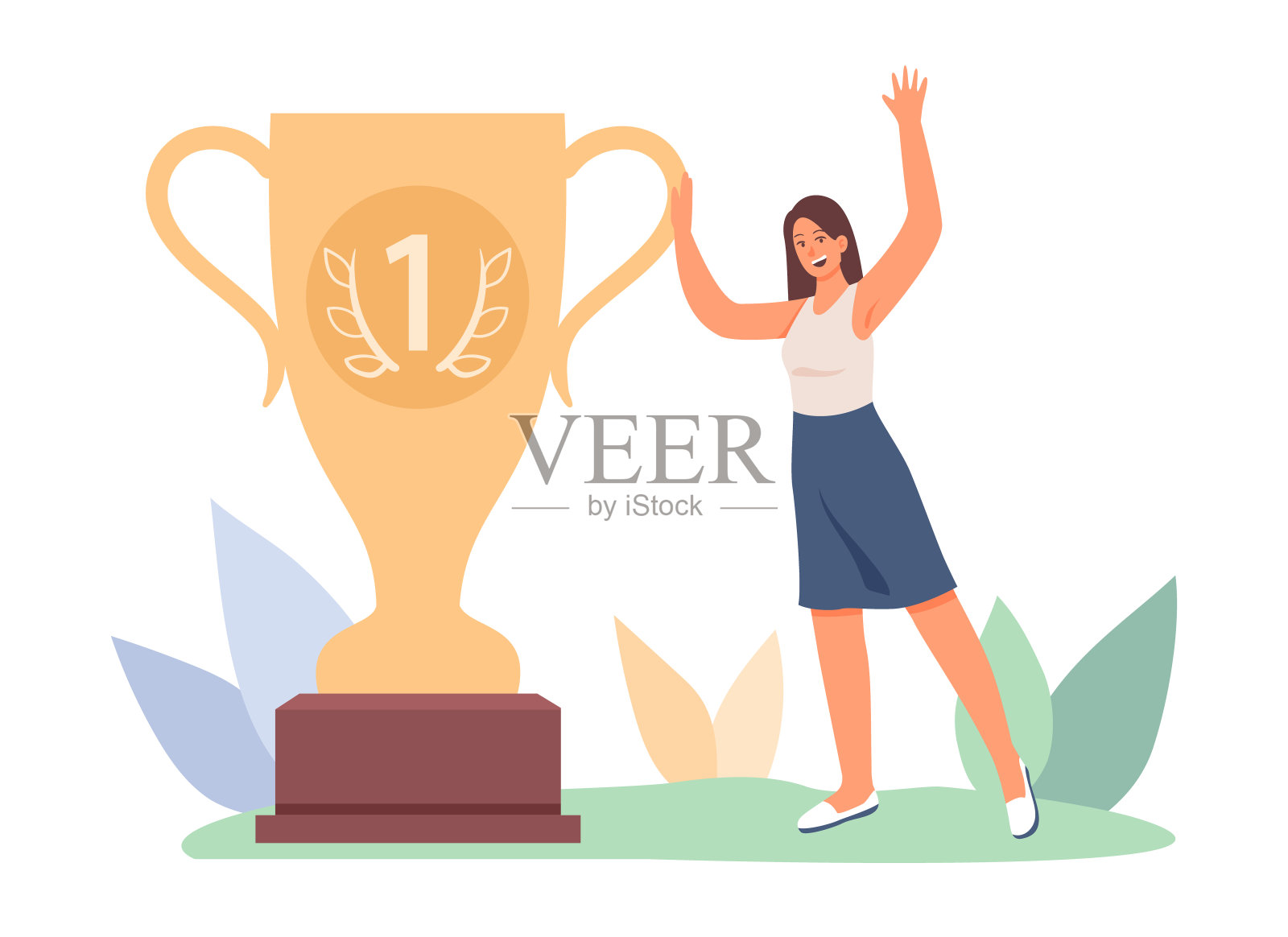 快乐的女人高兴地站在大金杯旁边插画图片素材