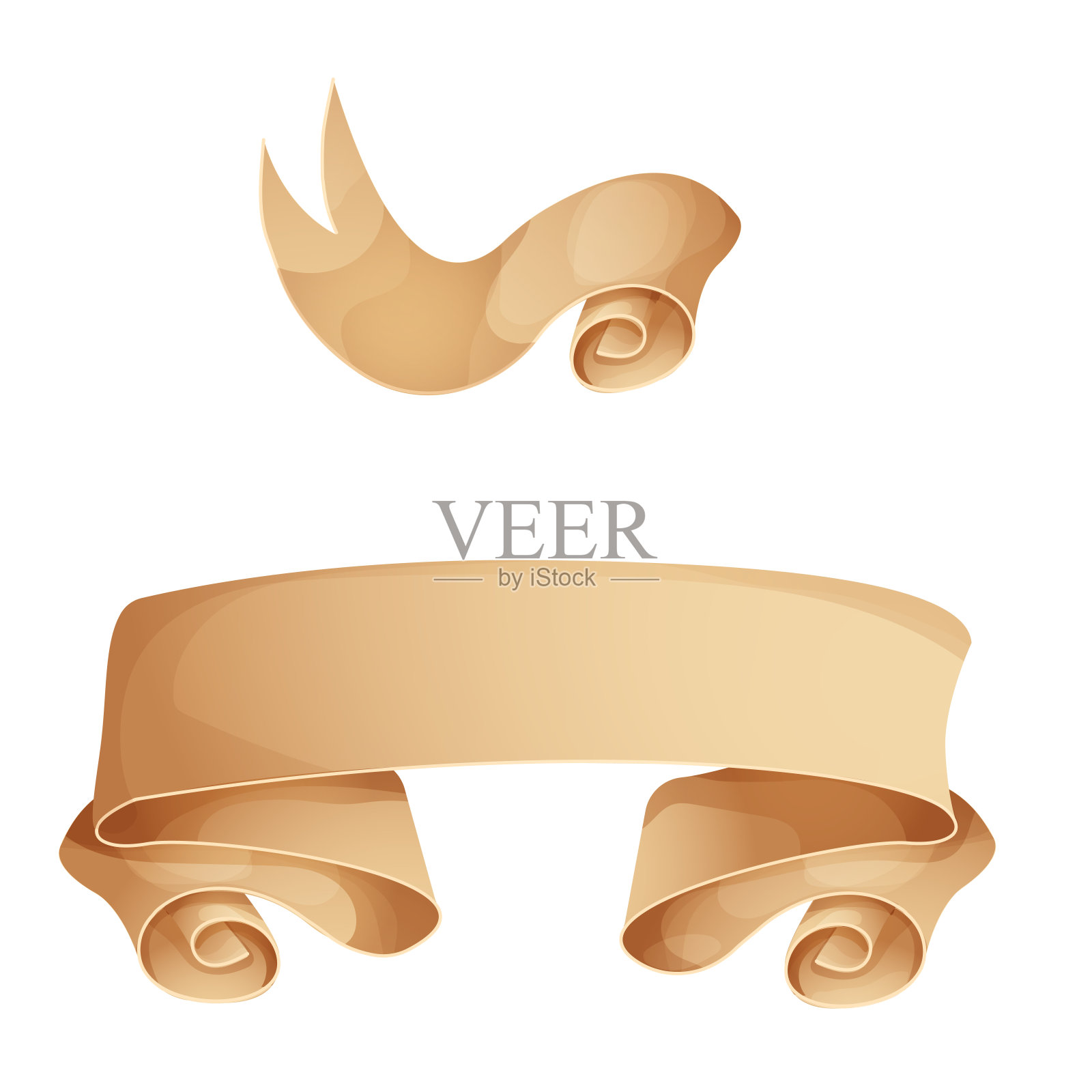 卡通风格羊皮纸卷轴横幅游戏UI元素矢量素材，白色背景插画图片素材