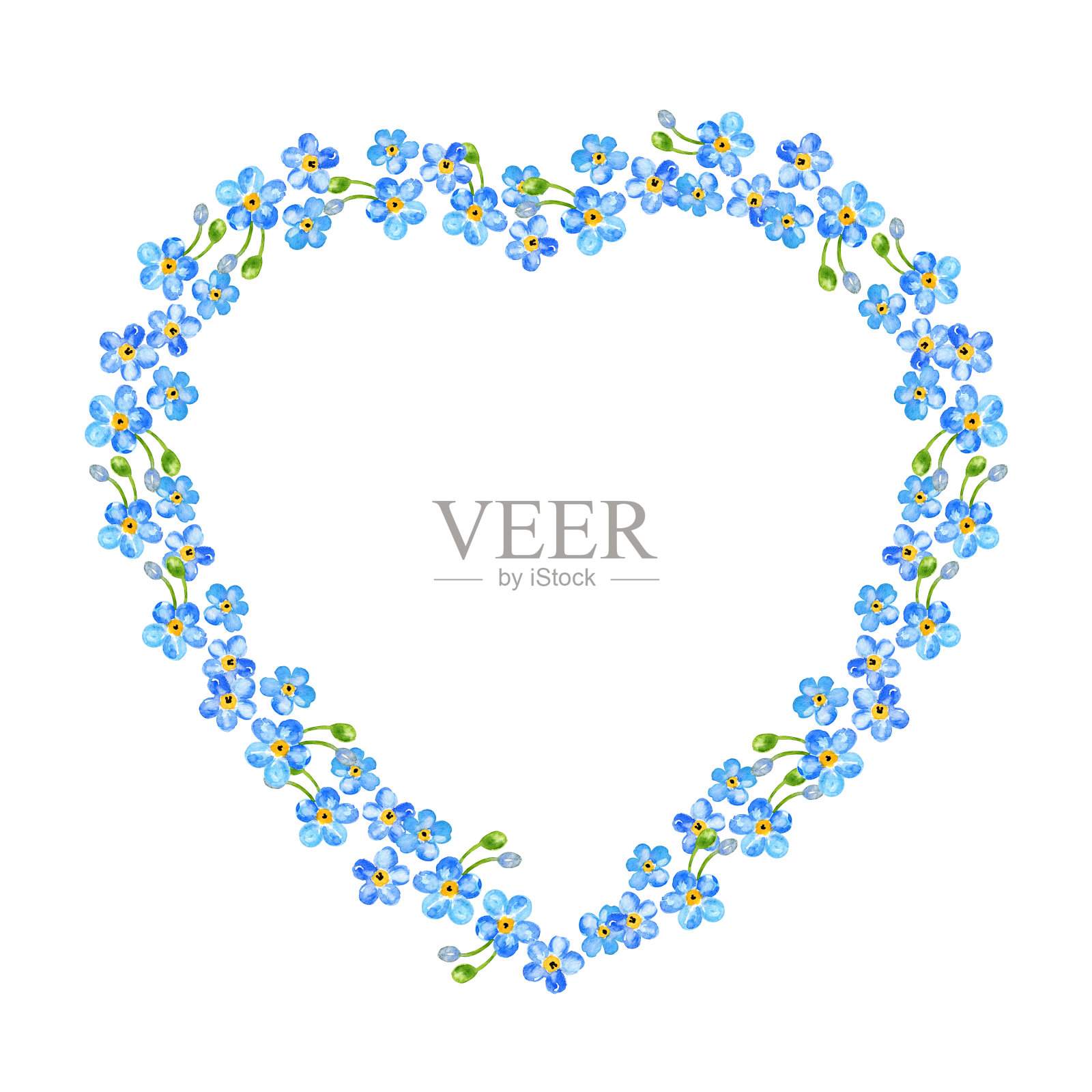 水彩心形花环的蓝色春天的花，插图勿忘我不花，手绘素描蓝色田野花与芽孤立在白色的背景插画图片素材