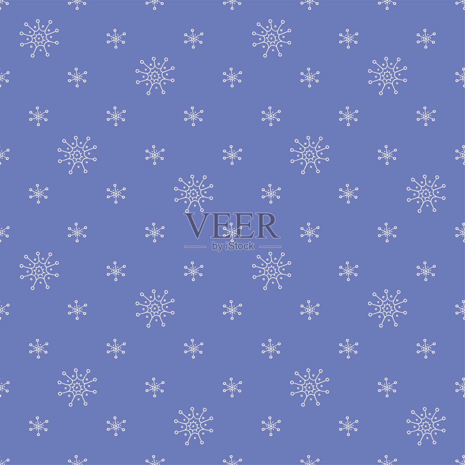 冬季手绘雪花图案。可爱的单色矢量打印在蓝色的背景。圣诞节的主题。插画图片素材