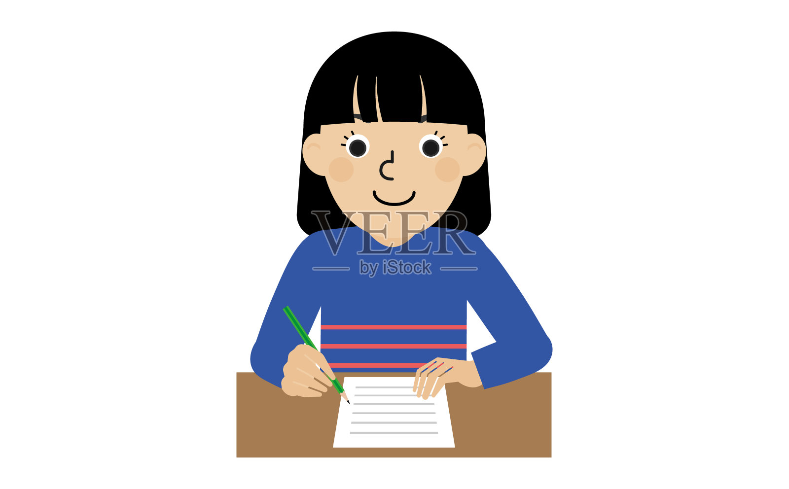 一位身穿长袖衣服的黑发日本妇女正在书桌前用铅笔在纸上写东西。插画图片素材