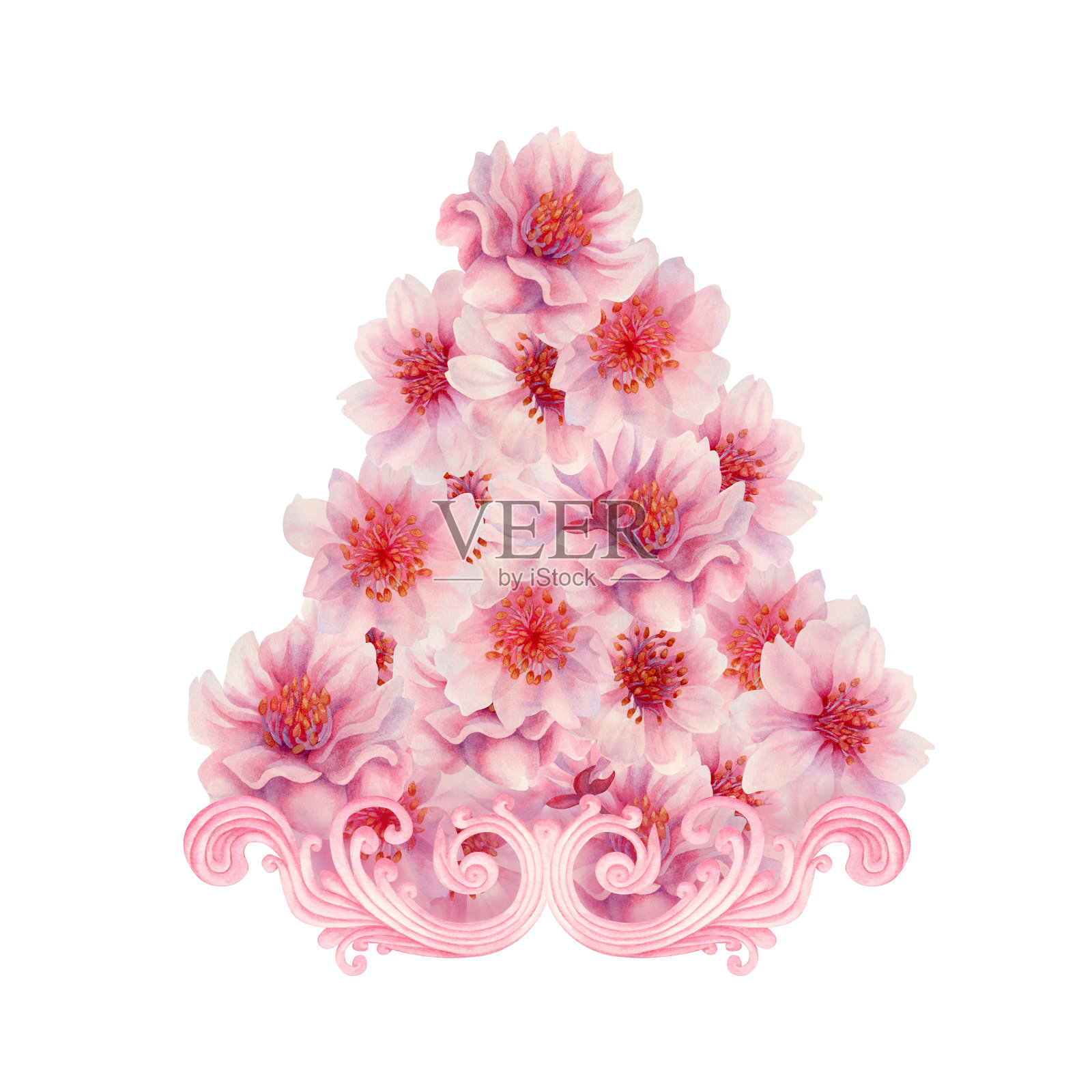 水彩粉红色樱花与蕾丝的婚礼，生日，情人节装饰。明信片插图，边框，框架孤立在白色背景上插画图片素材