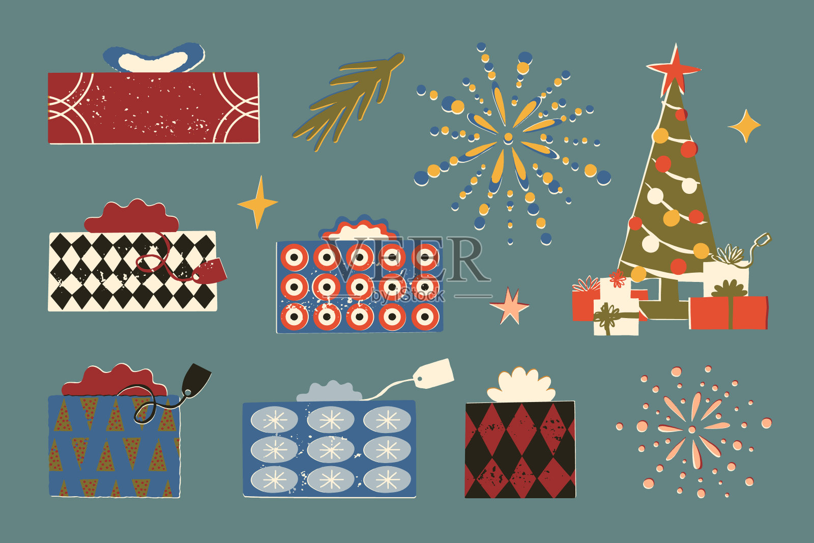复古艺术装饰，中世纪风格的圣诞礼盒，蝴蝶结和丝带，装饰圣诞树，烟花，新年包，生日惊喜和包装。矢量手绘剪贴画。插画图片素材