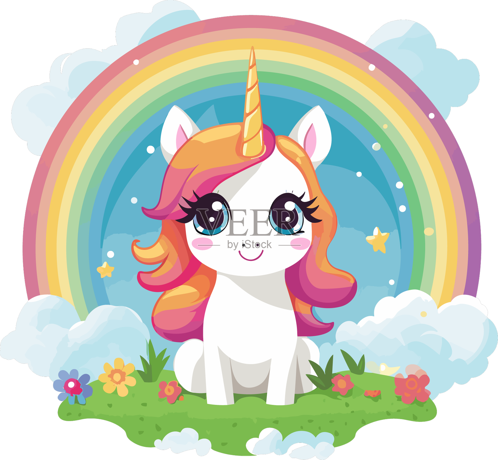 可爱的独角兽小女孩在绿色开花的草坪上设计元素图片