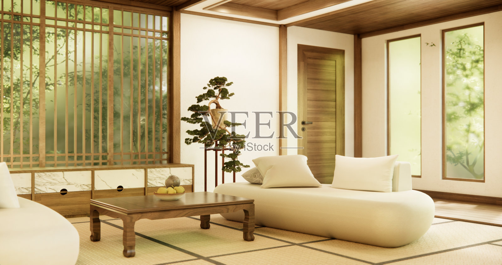 沙发和装饰日本现代房间内部。3d渲染照片摄影图片