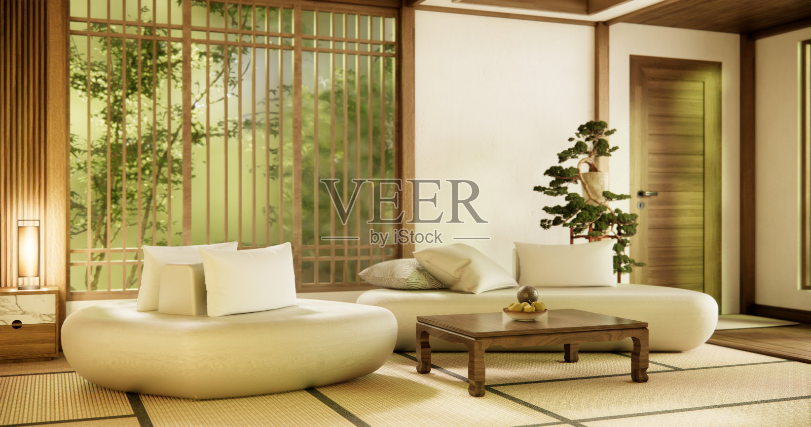 沙发和装饰日本现代房间内部。3d渲染照片摄影图片