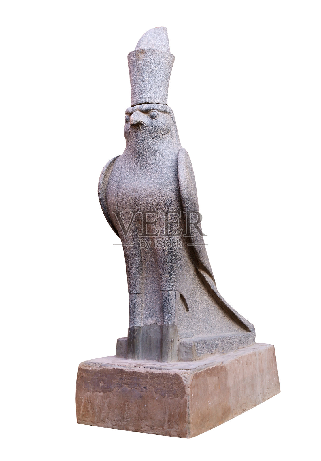 埃及埃德富神庙入口处荷鲁斯花岗岩雕像，白色背景照片摄影图片